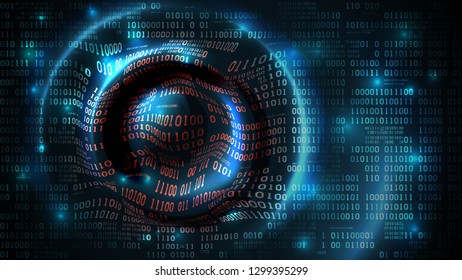 Abstract futuristic background with binary code and circular waves, matrix cyberspace with digits, big data, vector
