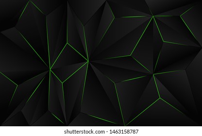 Abstract futuristic background black polygon vector design with green light line. Dark triangle composition technology modern concept for use element cover, banner, poster, web, brochure, flyer