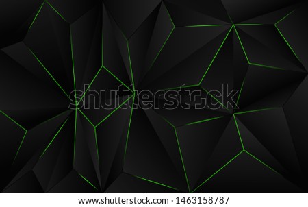 Abstract futuristic background black polygon vector design with green light line. Dark triangle composition technology modern concept for use element cover, banner, poster, web, brochure, flyer