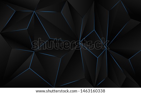 Abstract futuristic background black polygon vector design with blue light line. Dark triangle composition technology modern concept for use element cover, banner, poster, web, brochure, flyer