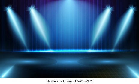 abstract futuristic background of blue empty stage and neon lighting spotlgiht stage background