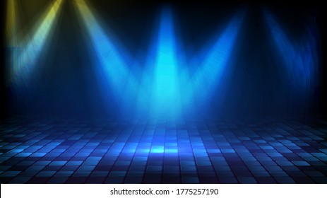 abstract futuristic background of blue empty stage Stairs covered with red carpet and lighting spotlgiht stage background