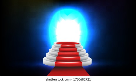 abstract futuristic background of blue empty stage Stairs covered with red carpet and lighting spotlgiht stage background