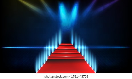 fondo futurista abstracto de estadio vacío azul Escaleras cubiertas de moqueta roja y fondo de escenario luminoso