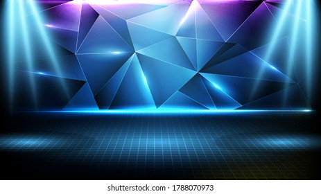 abstrakter futuristischer Hintergrund der blauen, leeren Bühne, Dreiecksmuster Geometrischer und neonischer Hintergrund der Lampe