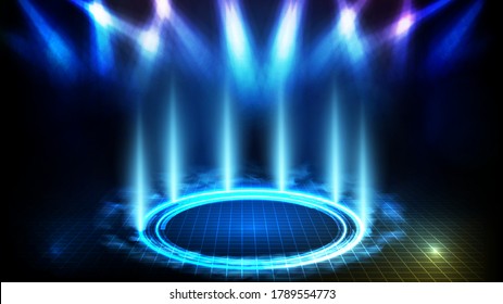 abstract futuristic background of blue empty stage and circle neon lighting stage with smoke background 