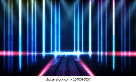 abstrakter futuristischer Hintergrund der blauen, leeren Bühne und neonischer Hintergrund der Lampenlichtbühne 