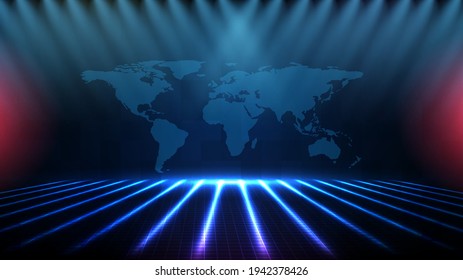 abstract futuristic background of blue empty stage Stairs covered with red carpet and lighting spotlgiht stage background