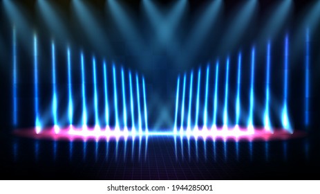abstract futuristic background of blue empty stage and neon lighting spotlgiht stage background