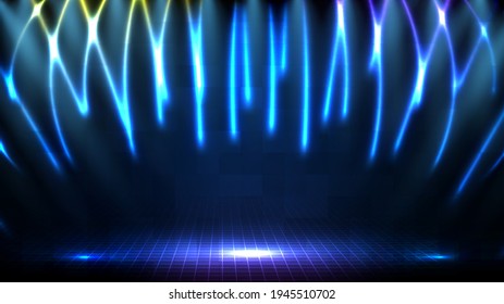 abstract futuristic background of blue empty stage and neon lighting spotlgiht stage background