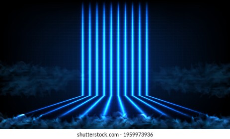 abstract futuristic background of blue empty stage and neon lighting spotlgiht stage background