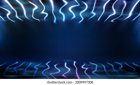 abstract futuristic background of blue empty stage and neon lighting spotlgiht stage background