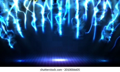 abstrakter futuristischer Hintergrund auf blauer, leerer Bühne und neonenbeleuchteter Hintergrund