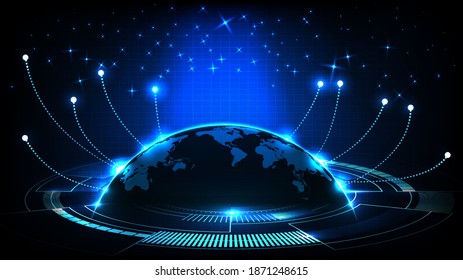 abstract futuristic background of blue glowing light and world maps and connection line internet 