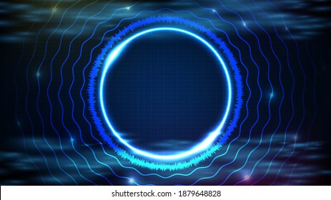 abstract futuristic background of blue neon circle round frame with sound equalizer wave DJ music