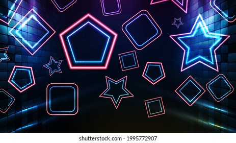 abstract futuristic background of blue neon shape frame and lighting spotlgiht stage background