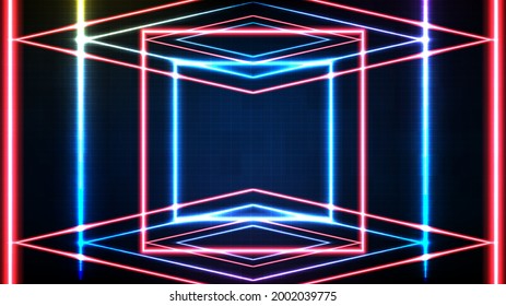 abstract futuristic background of blue neon square frame and lighting spotlgiht stage background