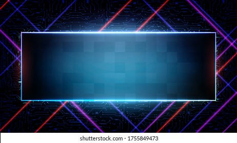 abstract futuristic background of blue Printed Circuit Board and neon square frame