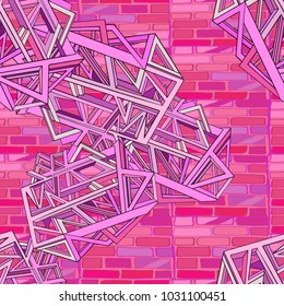 Abstract futuristic background with bricks and geometric elements creating wire frame illustrating futuristic construction concept, or future technology. Hand drawn seamless pattern.