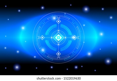 Abstract futuristic background, concept of technological eye. Digital elements white and blue with technology shapes line, circle, dot, ring, square on dark blue background.