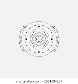 Abstract futuristic background, concept of technological black and white with lines, dots, circle, rings, arrow and hexagon on white background for your design elements. 
