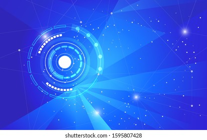 Abstract futuristic background, concept of technological elements with lines, dots, circle, square and polygonal on dark  blue background for your design.