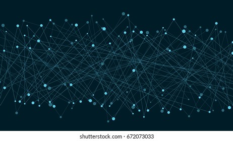 Abstract futuristic background of connected lines and dots. Neon lines are blue. Movement of elements. Plexus style. New technologies. Vector illustration