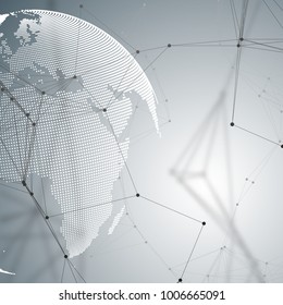 Abstract futuristic background with connecting lines and dots, polygonal linear texture. World globe on gray. Global network connections, geometric design, technology digital concept.