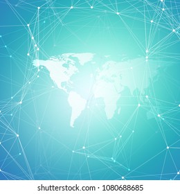 Abstract futuristic background with connecting lines and dots, polygonal linear texture. World map on blue. Global network connections, geometric design, dig data technology digital concept.