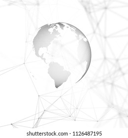 Abstract futuristic background with connecting lines and dots, polygonal linear texture. World globe on white. Global network connections, geometric design, technology digital concept.