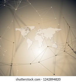 Abstract futuristic background with connecting lines and dots, polygonal linear texture. World map. Global network connections, geometric design, technology digital concept.