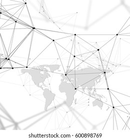 Abstract futuristic background with connecting lines and dots, polygonal linear texture. World map on white. Global network connections, geometric design, technology digital concept.