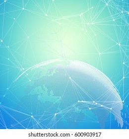 Abstract futuristic background with connecting lines and dots, polygonal linear texture. World globe on blue. Global network connections, geometric design, technology digital concept.