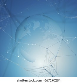 Abstract futuristic background with connecting lines and dots, polygonal linear texture. World globe on blue. Global network connections, geometric design, technology digital concept