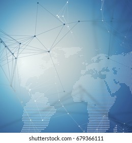 Abstract futuristic background with connecting lines and dots, polygonal linear texture. World map on blue. Global network connections, geometric design, technology digital concept.