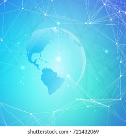 Abstract futuristic background with connecting lines and dots, polygonal linear texture. World globe on blue. Global network connections, geometric design, technology digital concept