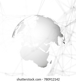 Abstract futuristic background with connecting lines and dots, polygonal linear texture. World globe on white. Global network connections, geometric design, technology digital concept.