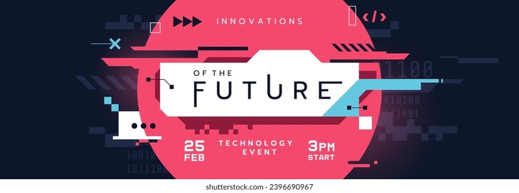 Abstract futuristic background design with place for text. Technology banner concept in digital glitch style. Technology event invitation. Creative hi-tech website header. Vector illustration