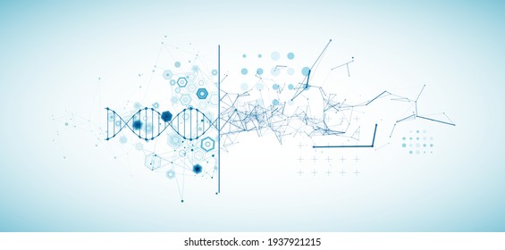 Abstrakter futuristischer Hintergrund für Design-Arbeiten.
Wissenschaftsvorlage, Bildschirmhintergrund oder Banner mit DNA-Molekülen.