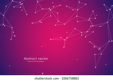 Abstract futuristic background with dots and lines. Molecular particles and atoms, polygonal linear digital texture. Technological and scientific concept. Vector illustration