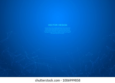 Abstract futuristic background with dots and lines, molecular particles and atoms, polygonal linear digital texture, technological and scientific concept. Vector illustration