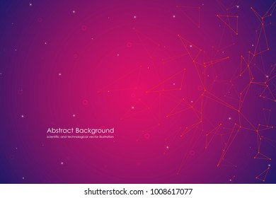 Abstract futuristic background with dots and lines, molecular particles and atoms, polygonal linear digital texture, technological and scientific concept, vector illustration.