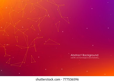 Abstract futuristic background with dots and lines, molecular particles and atoms, polygonal linear digital texture, technological and scientific concept, vector illustration.