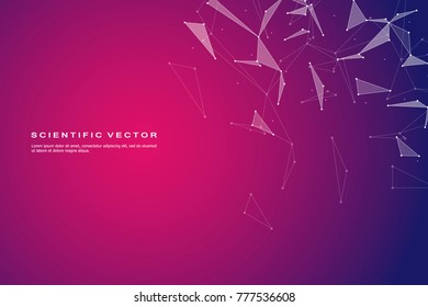 Abstract futuristic background with dots and lines, molecular particles and atoms, polygonal linear digital texture, technological and scientific concept, vector illustration.