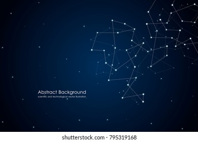 Abstract futuristic background with dots and lines, molecular particles and atoms, polygonal linear digital texture, technological and scientific concept. Vector illustration