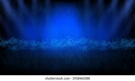 abstract futuristic background of empty stage with glowing circuit line board connection
