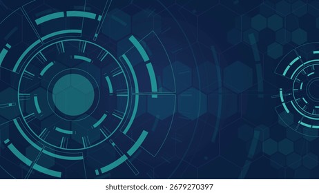 Abstractas fondo futurista con interfaz digital circular con patrón hexagonal en superficie azul oscuro, perfecto para tecnología, innovación, datos y temas cibernéticos.