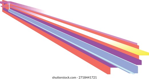 Fundo futurista abstrato com longos feixes de perspectiva isométrica e faixas brilhantes de luz em tons vibrantes de vermelho, roxo e amarelo sobre um espaço em branco limpo para a mídia digital