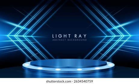 Abstract futuristic background featuring a podium with glowing lights and speedline.