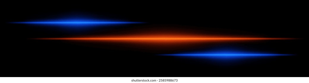Abstract futuristic background featuring three glowing horizontal light streaks in blue orange against a dark backdrop. The neon effect speed, technology, energy, evoking sci-fi cyberpunk aesthetic